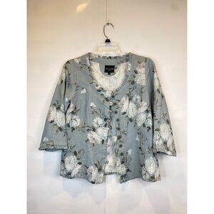 Olars Ulla Figure Close Linen Blouse with Button Closure Gray Blue Floral Small